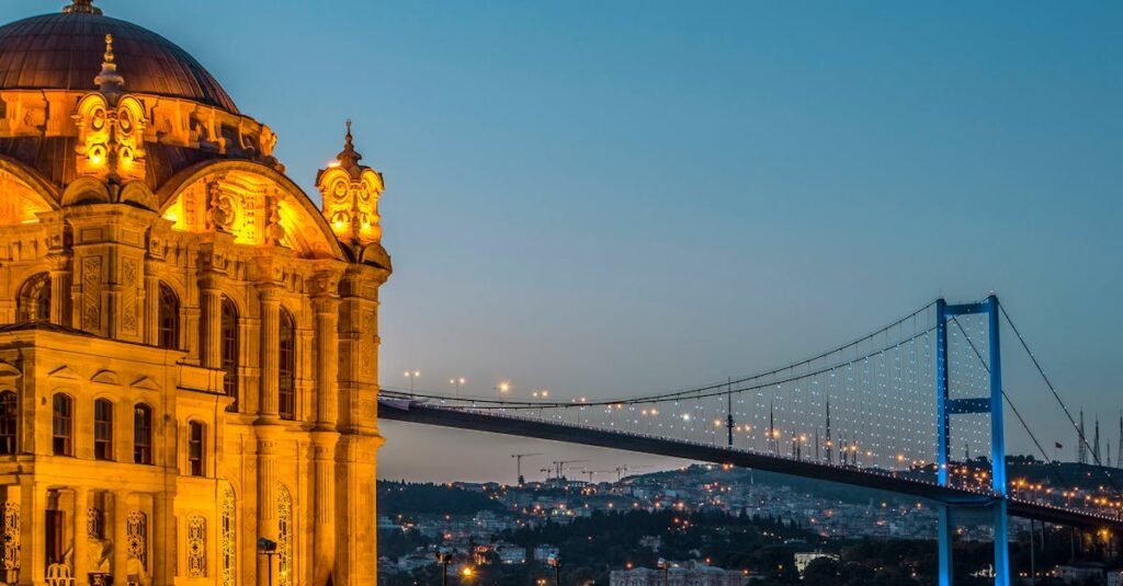 Illuminated Ortaköy Mosque and Bosphorus Bridge overlooking Istanbul's Bosphorus at dusk.