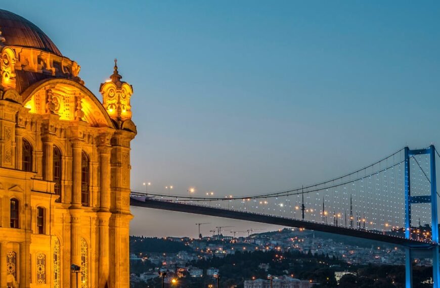 Illuminated Ortaköy Mosque and Bosphorus Bridge overlooking Istanbul's Bosphorus at dusk.