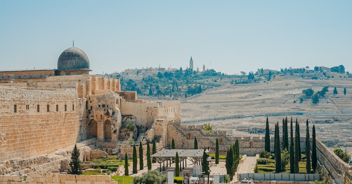 View of the historic Jerusalem walls and Al-Aqsa Mosque with a clear blue sky backdrop.